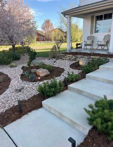 Broad concrete entry steps framed by rock beds, shrubs and landscape lighting.